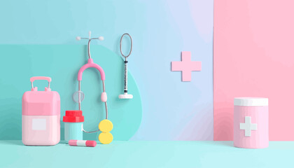 Medical equipment arranged on a colorful background