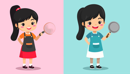 Cute girl cartoon characters with magnifying glass & pan