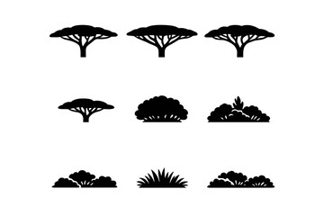 Obraz premium Diverse natural plant silhouettes including acacia trees, bushes, and grass elements
