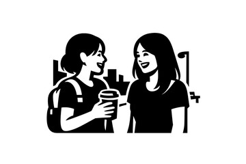 Young women friends talking and laughing while drinking coffee outdoors