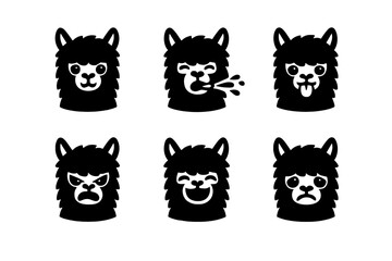 Obraz premium Black silhouette of funny llama heads showing different emotions including spitting