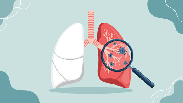 Human lungs anatomical illustration with a magnifying glass showing virus particles to represent respiratory health and illness.