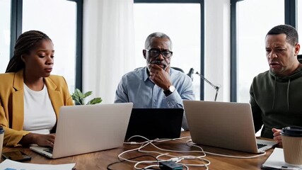 Diverse team collaborates on a business project using laptops in a modern office setting. - Powered by Adobe