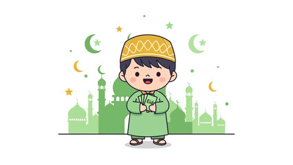 Cartoon Muslim Boy Praying in Front of Islamic Architectural Background