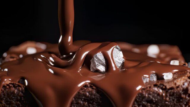 Molten Chocolate Pours on Brownie With Rock Salt in Close-Up Shot