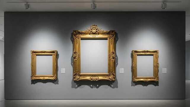 Empty ornate gilded picture frames on a museum wall, copy space for art
