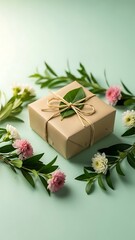 Gift wrapped in brown paper with flowers and leaves