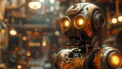 Fototapeta premium A steampunk-inspired automaton, with glowing orange eyes, set against a blurry, metallic background of machinery and lights