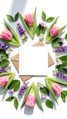 Floral wreath with blank card and envelopes