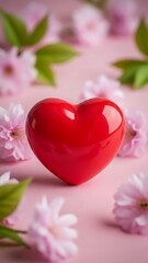 Red heart surrounded by pink flowers and green leaves