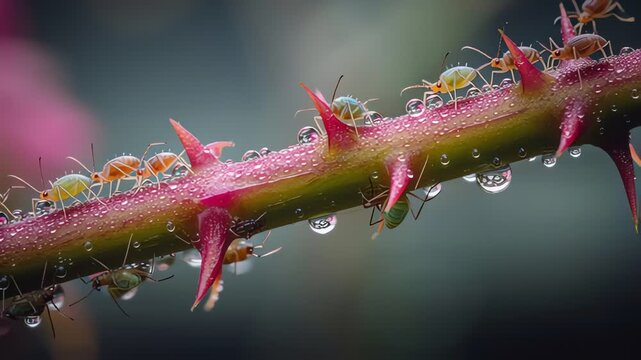 Aphids on rose stem with thorns and water droplets macro