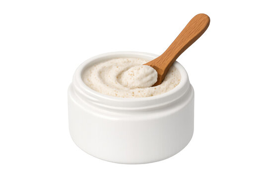Body scrub developing with wooden spoon in white jar