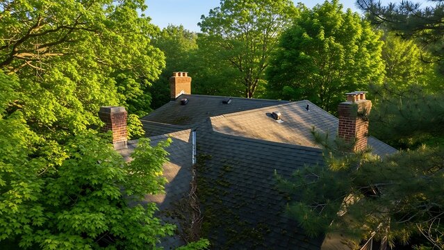 Residential roof blending with nature, chimneys and lush foliage around