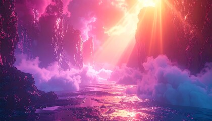 A vibrant, fantastical landscape with towering cliffs, ethereal clouds, and radiant light beams illuminating a dreamy vista
