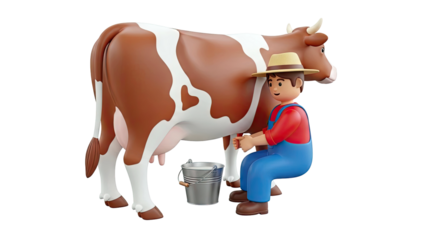 Cartoon Farmer Milking a Cow