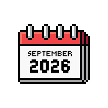 Pixel art calendar icon featuring september 2026 in 8-bit retro style, schedule, calendar, reminder, game UI asset, mobile app, website and digital planner.
