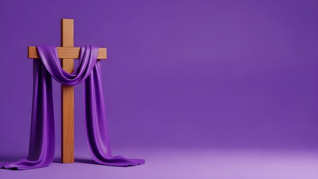 Christian priest wearing a purple liturgical robe symbolizing the Lent season, representing repentance, prayer, and spiritual preparation.