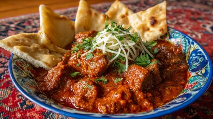 Delicious traditional curry served with soft naan bread on a colorful plate, garnished with fresh herbs on a decorative rug background