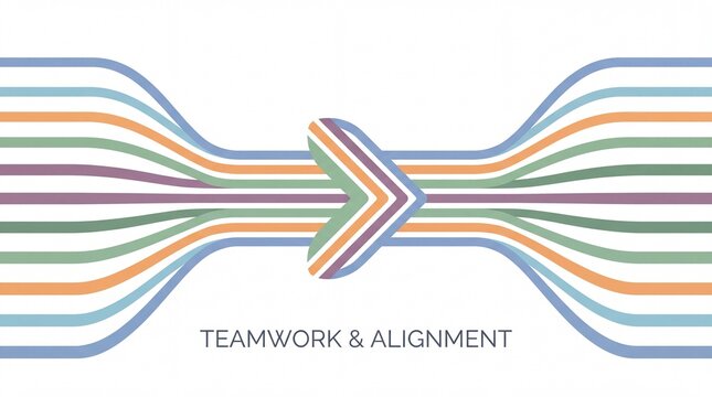 A colorful illustration representing teamwork and alignment with multiple lines converging into a single arrow