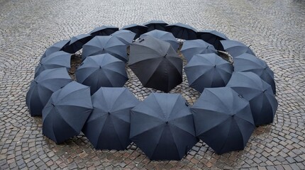 A circle of black umbrellas on a cobblestone street