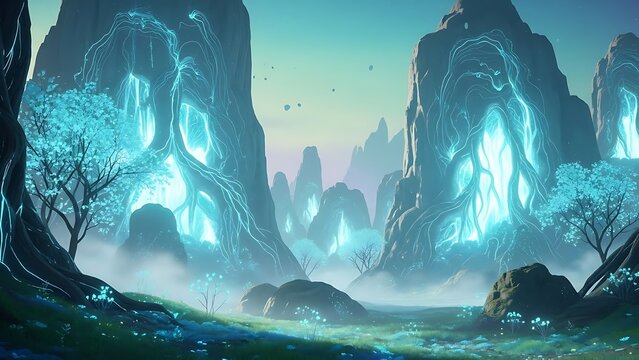 Mysterious Glowing Caverns in Fantasy Landscape