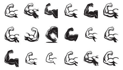 Obraz premium Strong Flexed Biceps Muscle Arm Vector Set – Gym Fitness Bodybuilding Illustration