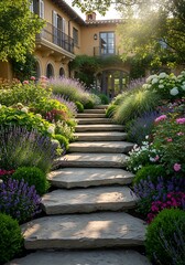 Obraz premium Idyllic garden path leading towards a mediterranean style home entrance