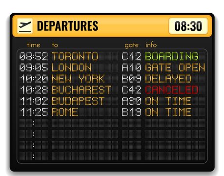 Electronic airport board realistic composition with yellow alphabets on board and departures info vector illustration