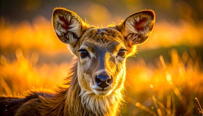 A deer with big ears looks directly at the viewer as the golden sun backlights its fur in a field