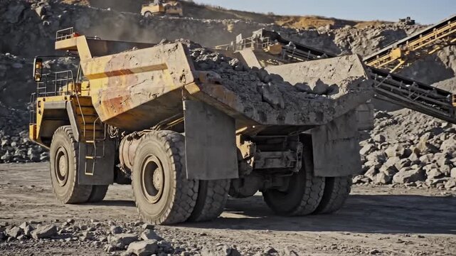 A large yellow dumper truck loaded with rocks stands on a rugged terrain in a quarry