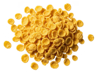 Crispy golden corn flake cereal piled high, a wholesome and delightful breakfast option isolated on transparent background