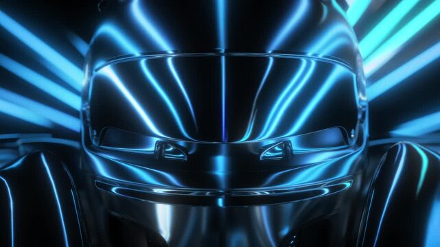 Close front view of metallic racing helmet reflecting blue light streaks on dark background