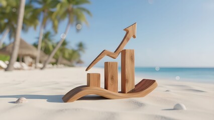 Fototapeta premium Wooden 3D growth chart rising on sandy beach against blurred tropical resort