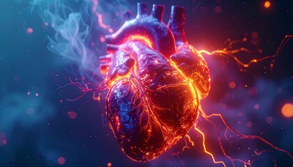 A vibrant, anatomical representation of the human heart, engulfed in fiery energy and ethereal smoke, with glowing veins