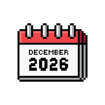 Pixel art calendar icon featuring december 2026 in 8-bit retro style, schedule, calendar, reminder, game UI asset, mobile app, website and digital planner.