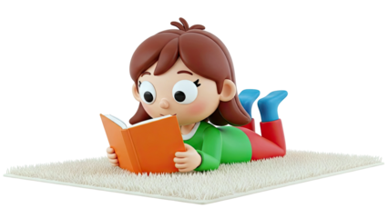 Cartoon girl reading book on fluffy rug