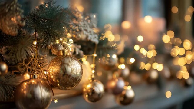 Christmas Tree Decorations with Golden Ornaments and Lights.