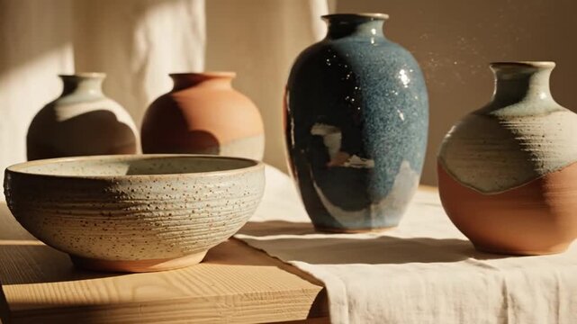 Artisanal collection of handcrafted ceramic pottery, featuring rustic vases and a textured bowl, bathed in soft natural light, highlighting traditional craftsmanship