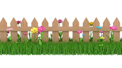 Wooden Picket Fence with Flowers and Green Grass