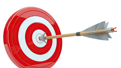 Arrow hitting the bullseye of a red and white target