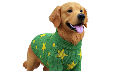 Golden Retriever Dog Wearing Green Sweater with Yellow Stars