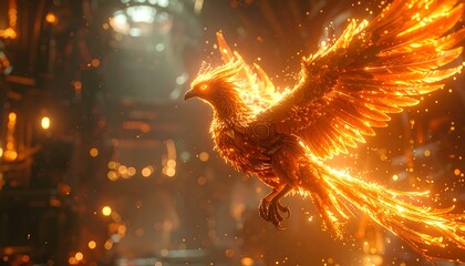 An ethereal phoenix, formed of fire and light, soars amidst a dimly lit architectural space. Sparks float around