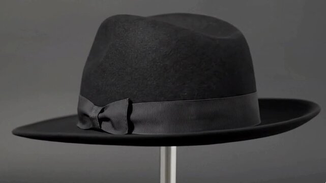 A classic black felt hat, resembling a stylish fedora or trilby, stands elegantly on a minimalist display. The wide-brimmed headwear features a prominent black grosgrain ribbon with a neatly tied bow,