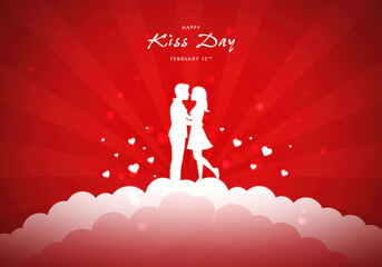 White Silhouette Couple Kissing on Clouds Against a Red Sunburst Background image photo
