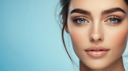 Glamorous Woman with Soft Makeup and Blue Eyes on Light Blue Background