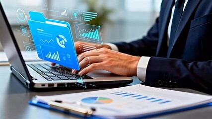 Businessman working on laptop with data charts - Powered by Adobe