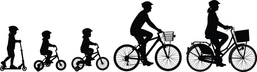 Obraz premium Collection of black silhouettes featuring people riding bicycles and a scooter, including children on bikes and adults cycling, isolated vector icons for transportation.