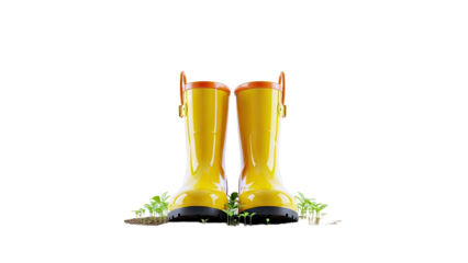 Yellow Rain Boots with Seedlings on White Background