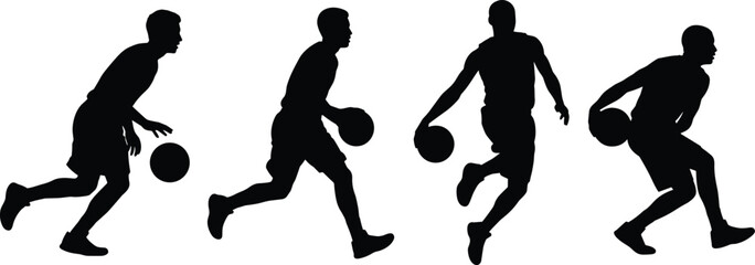 Black basketball player silhouettes set showing athlete dribbling ball in various action poses and motion isolated on white background for sports graphic design
