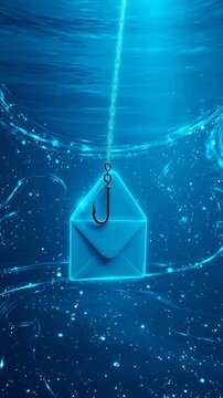 Digital phishing hook catches glowing blue email envelope underwater with glowing lines